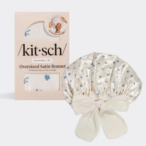 kitsch Pearlized Cream & Coastal Blue Print Oversized Satin Bonnet